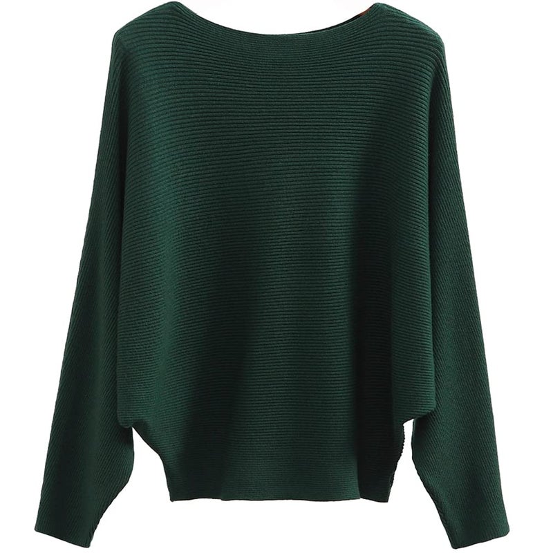Ckikiou Womens Lightweight Oversized Boat Neck Sweaters Tops Dolman Batwing Sleeve Ribbed Knitted Pullovers Green - Image 1
